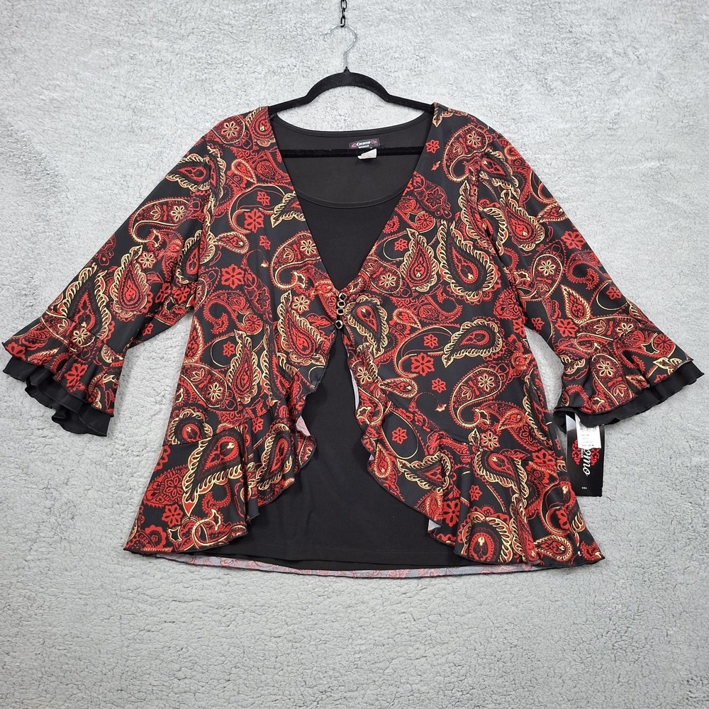 NEW Cocomo Women's Top Plus‎ 2X Red 3/4 Sleeve Two Layer Office Ruffle sleeve
